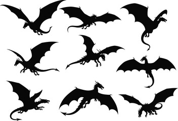 Collection of flying dragon silhouettes vector illustration, mythical fantasy creatures with wings and tails, black dragon shapes for tattoo, logo, or fantasy art design
