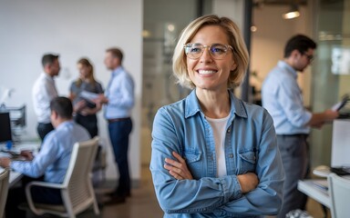 Fototapeta premium Confident businesswoman smiles with arms crossed at the office, colleagues in the background
