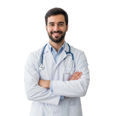 Fototapeta premium Smiling male doctor with stethoscope isolated on transparent background