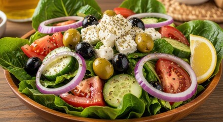 Fresh Greek salad in a wooden bowl, a vibrant and healthful eating option
