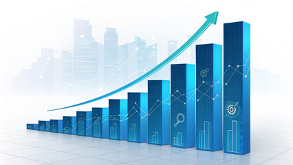 "Dynamic teal 3D bar chart illustration with motion light effects, arrow glowing with ‘Business Growth’, ‘Market Uptrend’, and ‘Success +20%’ text. Financial analytics concept. Transparent PNG render.