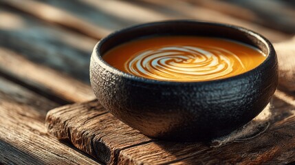 Minimalist image of vibrant orange soup with cream swirl in black bowl on rustic wooden table, evoking cozy dining and modern food presentation