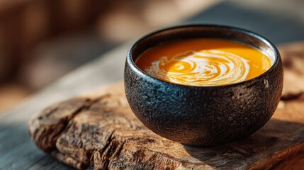 Modern food styling with creamy orange soup in black bowl highlights cozy dining and gourmet comfort on rustic wood for restaurant or recipe promotion
