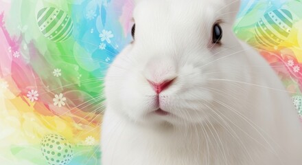 Close-up of a charming white rabbit with an Easter-themed background