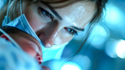 Close-up of a nurse gently holding a newborn baby, expressing care, protection, and the tenderness of early life