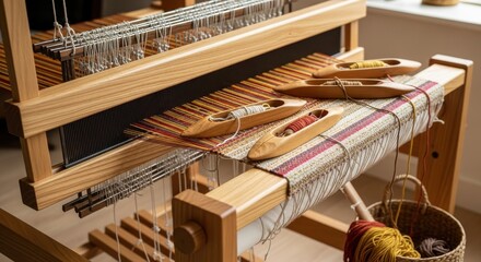 Intricate weaving loom setup with shuttles creating textured textile pattern