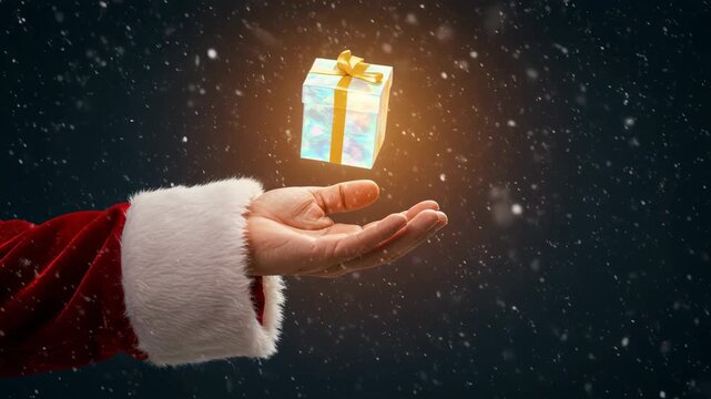 Gloved hand festive sleeve presenting glowing gift box snowy night, sparkling holiday gift box with ribbon and snowflake magic, palm open celebration