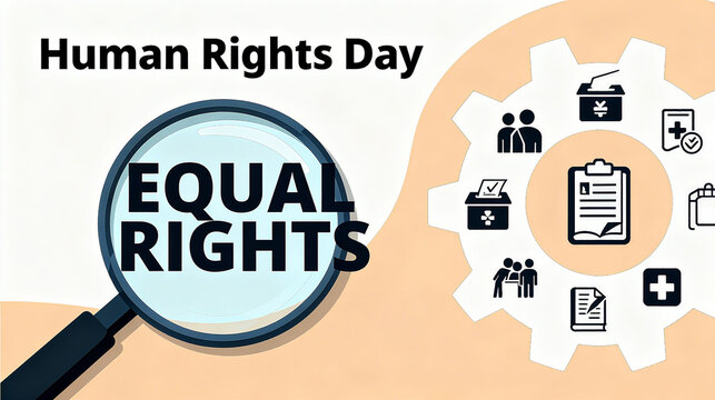 The combination of magnifying glass and gear pattern on "Human Rights Day" represents the concepts of equal rights, rights supervision, and advocacy for social equity.
