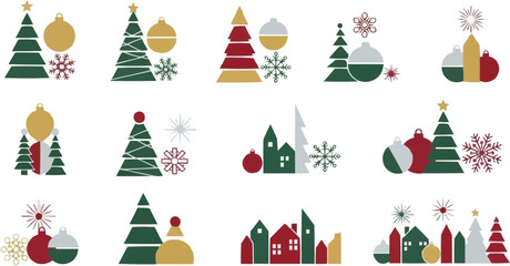 Modern Christmas composition set. Minimalist geometric vector illustrations with trees, ornaments, snowflakes, and village elements.