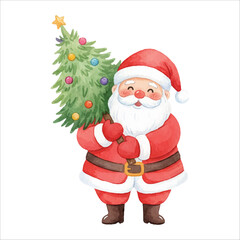 Santa Carrying Christmas Tree Watercolor Vector
