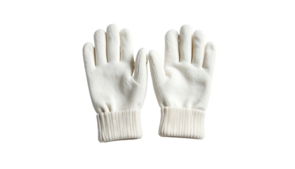 Pair of pristine white knit gloves, palms facing up