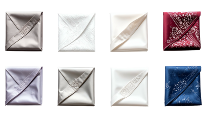 Silky square folded fabrics in varied hues, textures & patterns