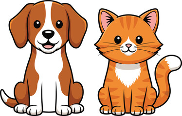 Cute cartoon dog and cat illustration, adorable pets sitting together with happy expressions, friendship and love concept, vector design for kids and pet projects