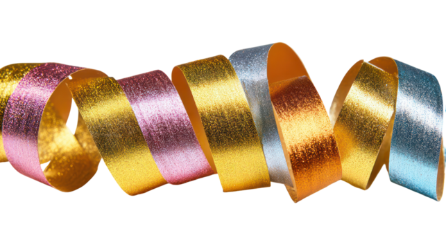 Sparkling metallic ribbon curling in a spiral isolated on transparent background