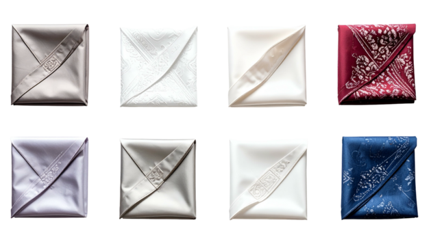 Silky square folded fabrics in varied hues, textures & patterns