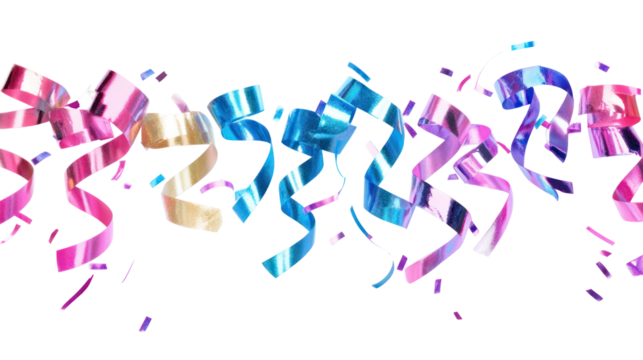 Colorful metallic streamers and ribbons isolated on transparent background