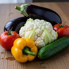Composition of Fresh Vegetables on Wooden Surface Close Up Still Life