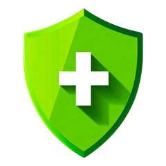 Fototapeta premium Green shield with white medical cross symbol and shadow on white background image