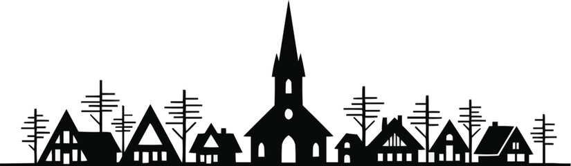 Minimalist Christmas village silhouette. Black vector graphic of a Scandinavian winter town with church, A-frame houses, and trees.