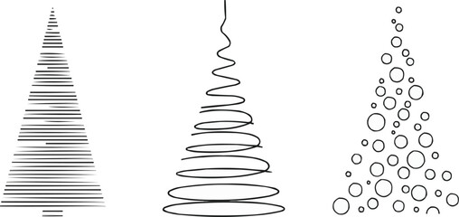Modern minimalist abstract Christmas tree icons, geometric spiral and bubble line art holiday tree collection 