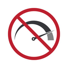 Isolated prohibition sign showing a speedometer with needle on high speed, symbol of no overspeeding and vehicle safety warning.