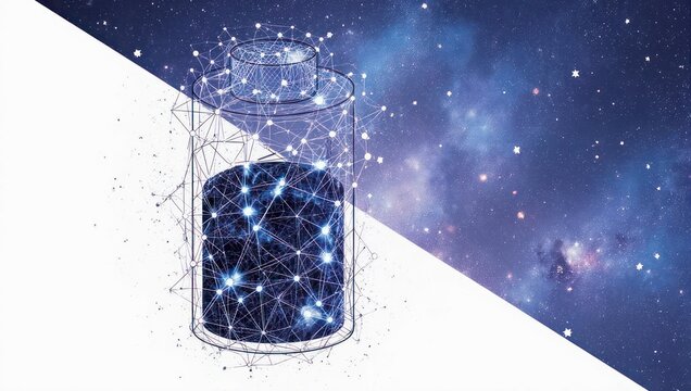 Digital battery with glowing network on a starry night sky background.