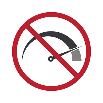 Isolated prohibition sign showing a speedometer with needle on high speed, symbol of no overspeeding and vehicle safety warning.