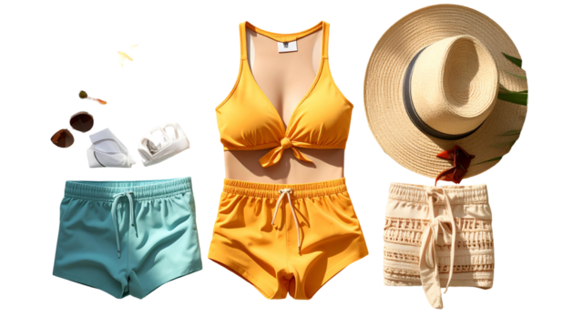 Summer layout swimwear, shorts, hat, shades