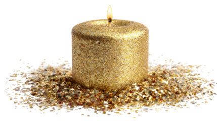 Golden glitter candle burning isolated on transparent background