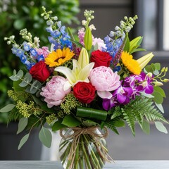 Spectacular floral arrangement with vibrant colors and diverse textures