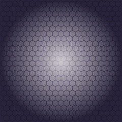 Abstract technological background featuring a geometric honeycomb grid pattern with a luminous central glow on a deep purple surface