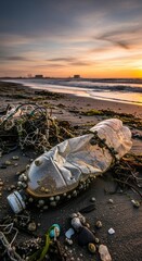Environmental pollution with plastic bottle on the sandy beach at dawn