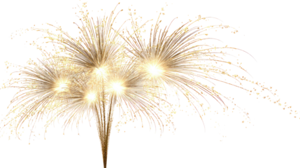 Bright golden fireworks exploding in a dark sky isolated on transparent background
