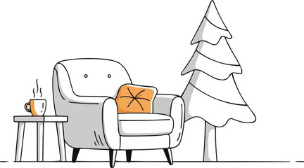 Cozy armchair and coffee mug beside minimalist Christmas tree, hand drawn winter interior scene with warm festive atmosphere