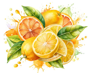 A burst of watercolor lemon and orange segments and lively juice splashess on white background