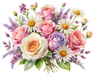 Garden mix bouquet rose, daisy, lavender together, watercolor composition on white background