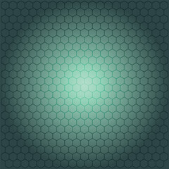 Abstract technological background featuring a seamless hexagonal grid pattern in varying shades of teal, highlighted by a glowing central gradient for a modern design