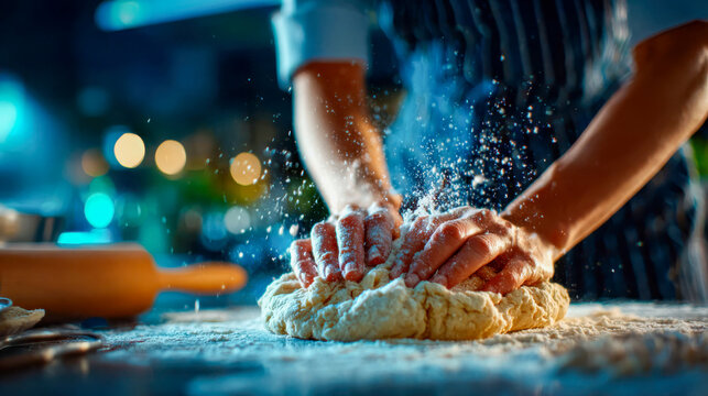Woman kneading dough in a warm kitchen environment, with flour particles in the air, symbolizing homemade baking and tradition