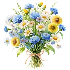 Watercolor bundle of wildflowers including cornflower on whte background