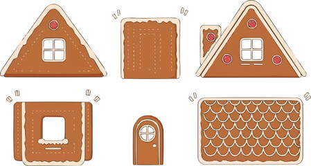 Gingerbread house construction set flat lay, unassembled cookie panels and roof parts with icing decoration for Christmas craft