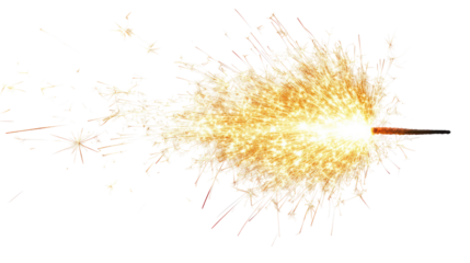 Sparkler exploding with bright light and sparks isolated on transparent background