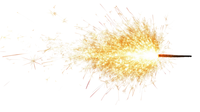 Sparkler exploding with bright light and sparks isolated on transparent background