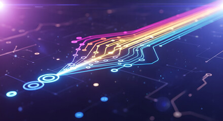 Digital Data Flow Circuit Board Network Rainbow Glowing Copy Space