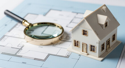 Close-up of a meticulously detailed miniature house model (white or light wood) placed on a blueprint or abstract graph paper. A single, clean magnifying glass rests beside it, hinting at careful exam