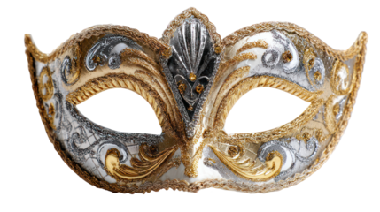Ornate venetian masquerade mask with gold and silver details isolated on transparent background