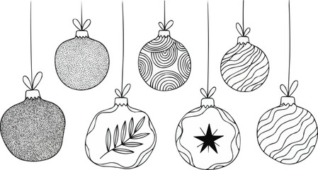 Hand-drawn Christmas ornament set. Minimalist line art collection of hanging baubles. Black and white doodle vector icons