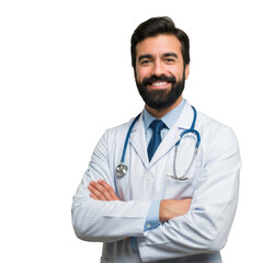 Fototapeta premium Smiling doctor wearing white coat and stethoscope isolated on transparent background