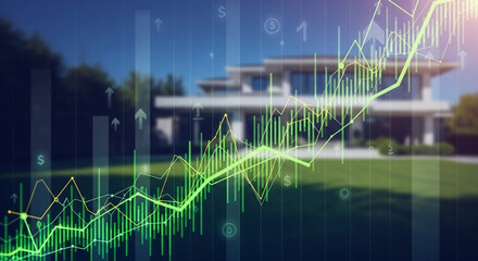 Abstract background of a property market graph or digital data visualization, showing upward trends, subtly overlaid with a blurred image of a desirable home in the distance. Focus on the financial a