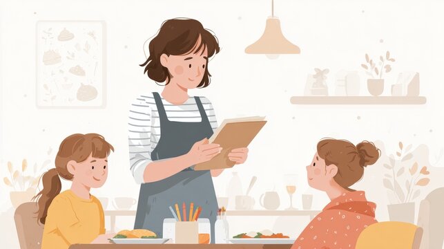 Mother and her two daughters in a kitchen. the mother is standing in front of the table, holding a clipboard and reading a menu. she is wearing a striped apron and has shoulder-length brown hair.