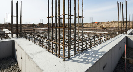 Architectural detail of a newly poured concrete foundation for a house, with visible steel rebar extending upwards. The site is clean and orderly, representing the beginning of construction. Foundatio